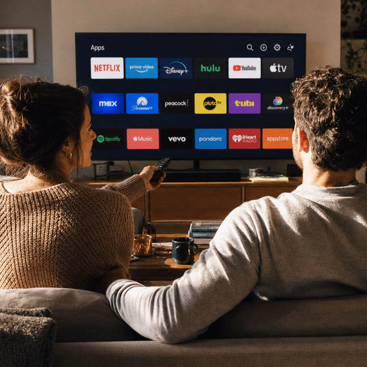 A couple sitting on a couch in a cozy living room, holding hands and watching a TV screen displaying various streaming app icons including Netflix, Prime Video, Disney+, Hulu, YouTube, Apple TV, Max, Paramount+, Peacock, Pluto TV, Tubi, Discovery+, Spotify, Apple Music, Vevo, Pandora, iHeartRadio, and App Store.