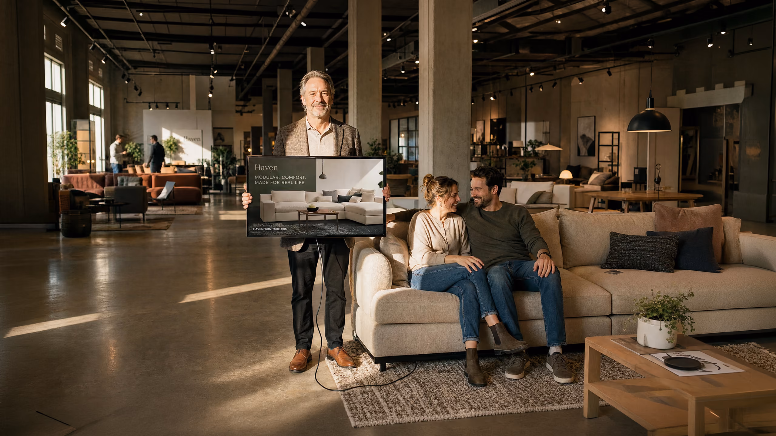 A man standing in a spacious furniture showroom holding a large sign showing a beige modular sofa titled 'Haven Modular Comfort Made for Real Life' while a couple sits closely on a similar beige sectional sofa smiling at each other, surrounded by modern furniture and warm lighting.