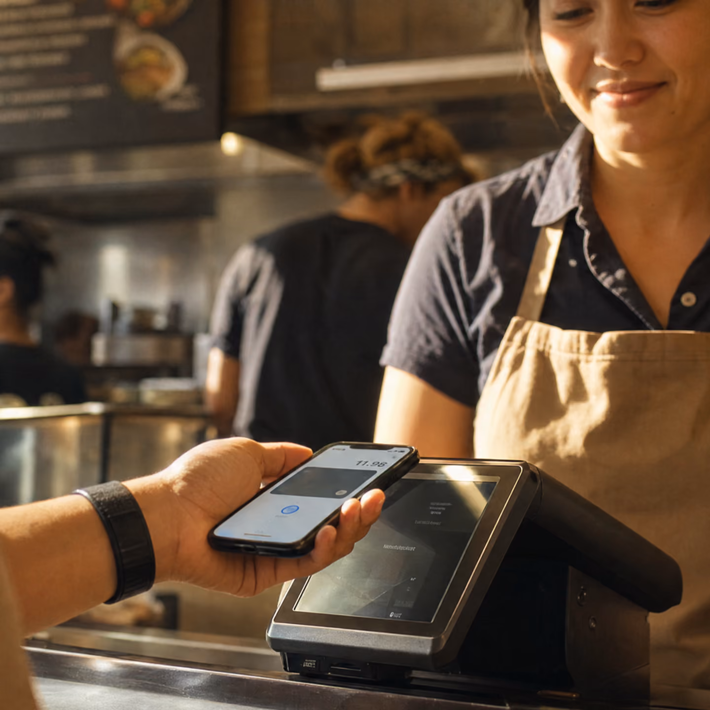 Customer using a smartphone to make a contactless payment at a point-of-sale terminal while a smiling barista wearing an apron stands behind the counter in a café.