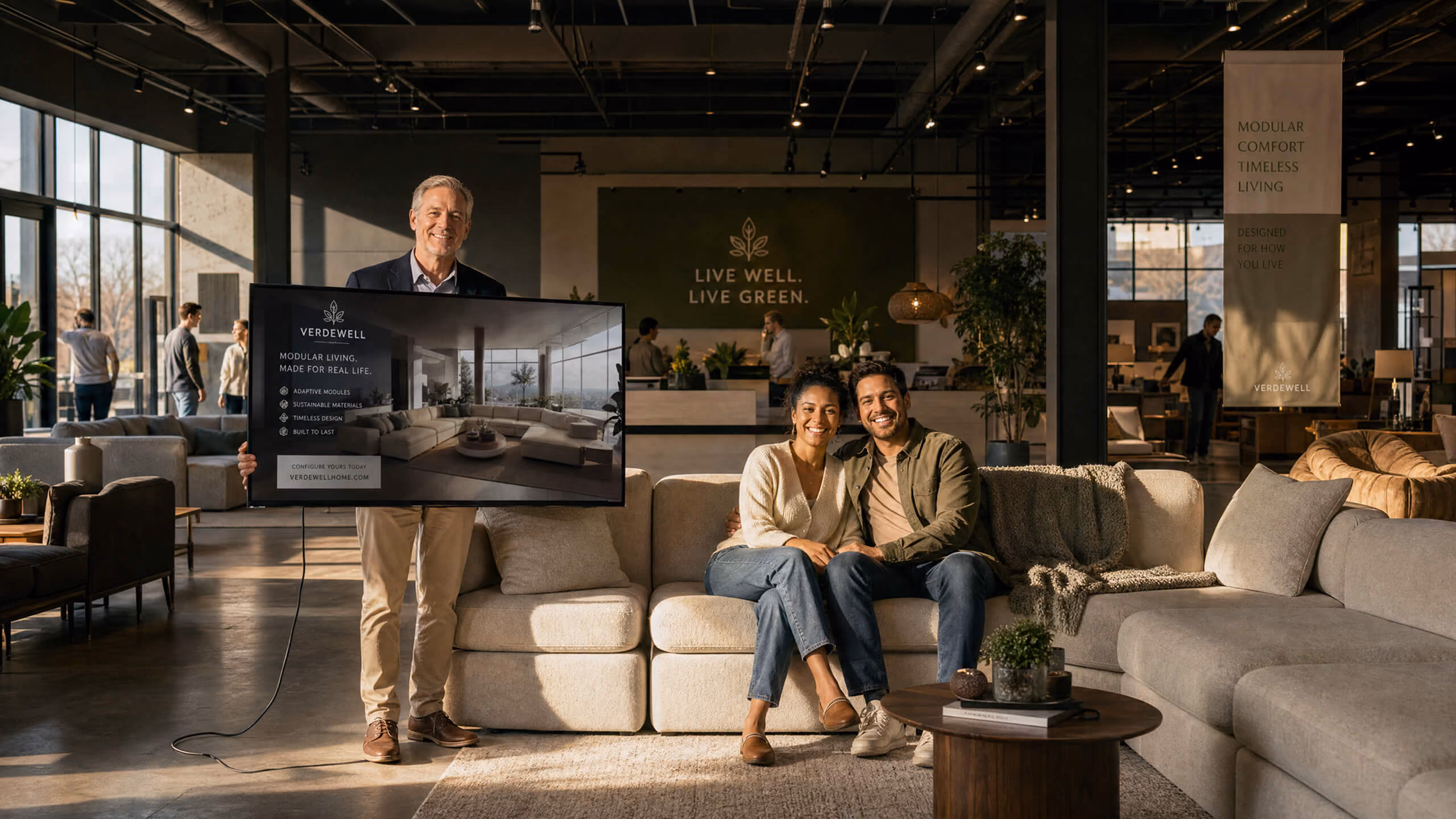 A warmly lit showroom with a smiling man standing and holding a sign about Verdewell modular living, and a happy couple sitting on a beige sectional sofa with a small round wooden table and plants in front of them.