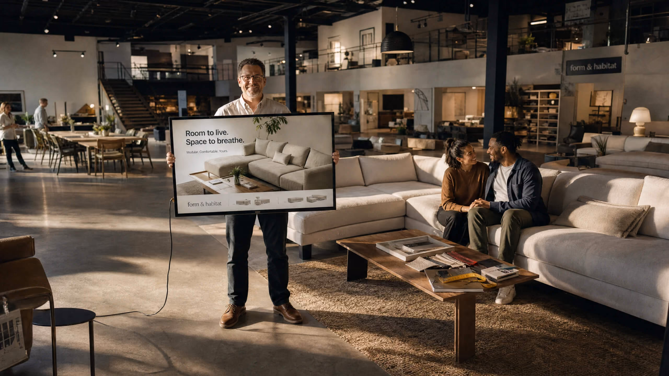 Man in a furniture store holding a TV screen displaying a room featuring a large sectional sofa with the text 'Room to live. Space to breathe.' A couple sits on a sectional sofa in the showroom, smiling at each other next to a wooden coffee table with magazines.