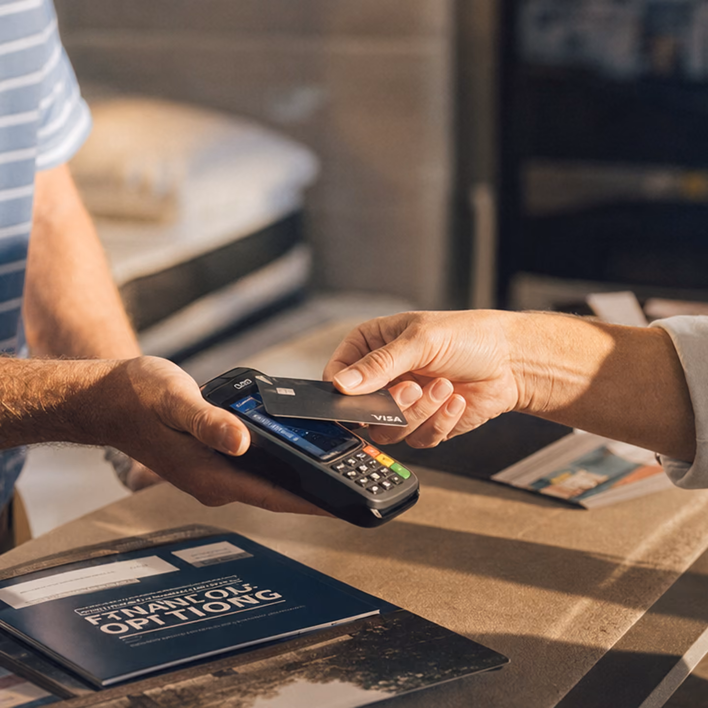 A person holding a Visa contactless credit card near a payment terminal for contactless card payment at a counter with a brochure titled 'Finance Options'.