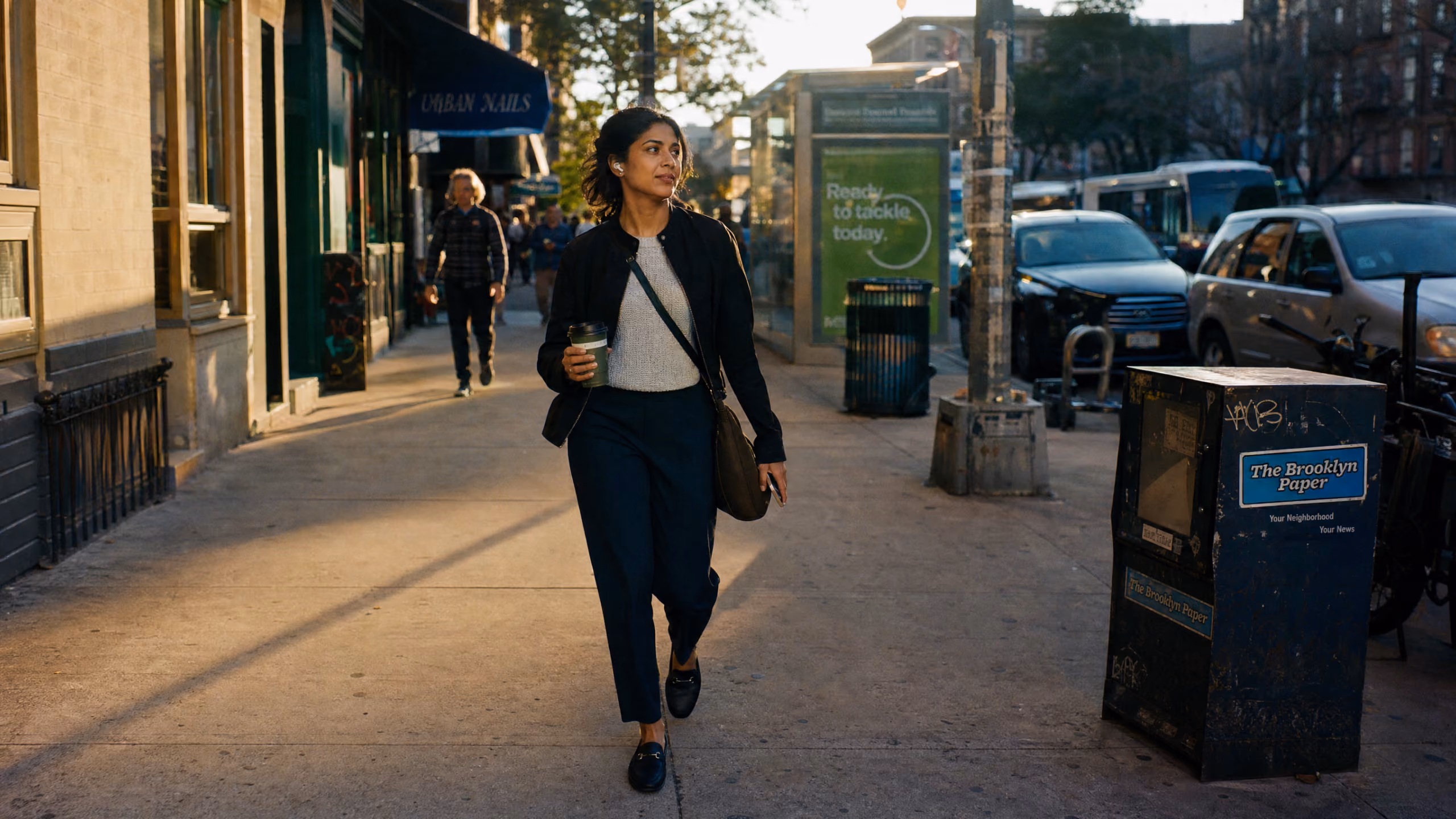 A woman walking on a city sidewalk holding a coffee cup, with cars parked on the street and a newspaper vending box labeled The Brooklyn Paper on the right.