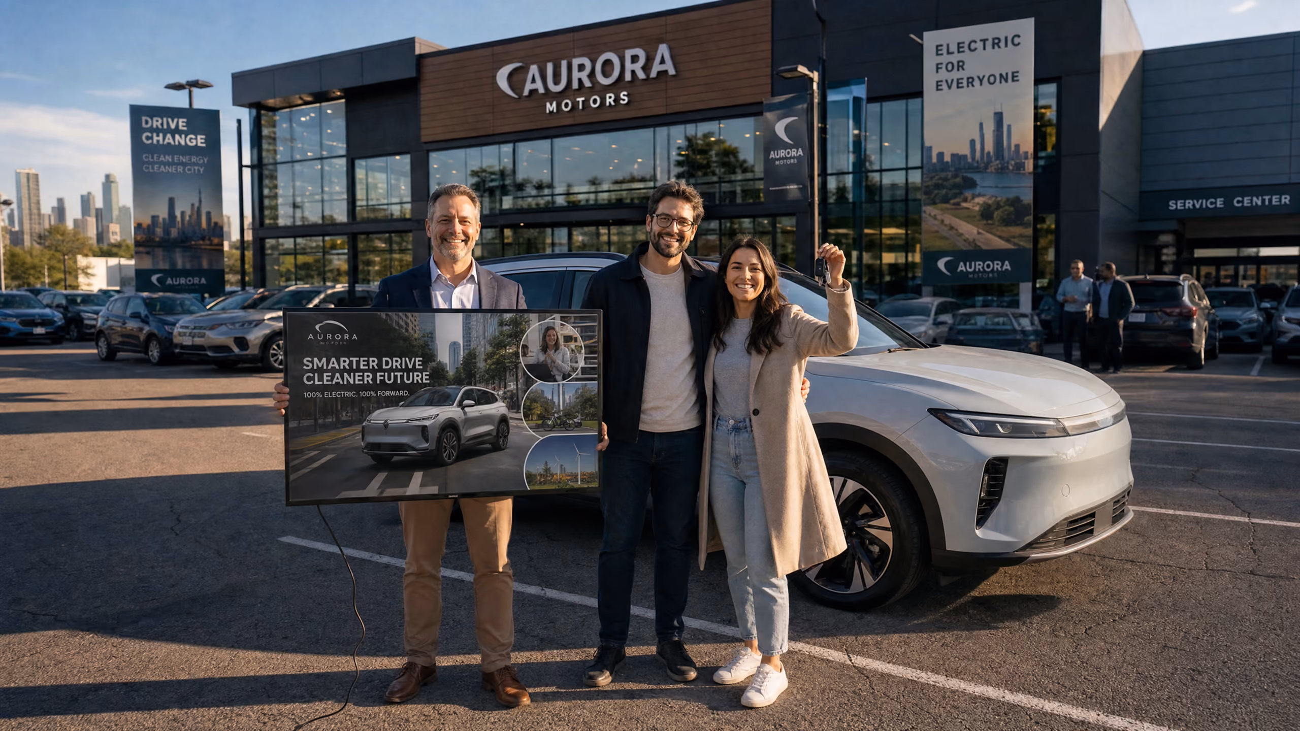 Three people standing in front of an Aurora Motors dealership with a white electric vehicle parked beside them; one man holds a sign reading 'Smarter drive cleaner future 100% electric, 100% forward,' while the others smile and pose.