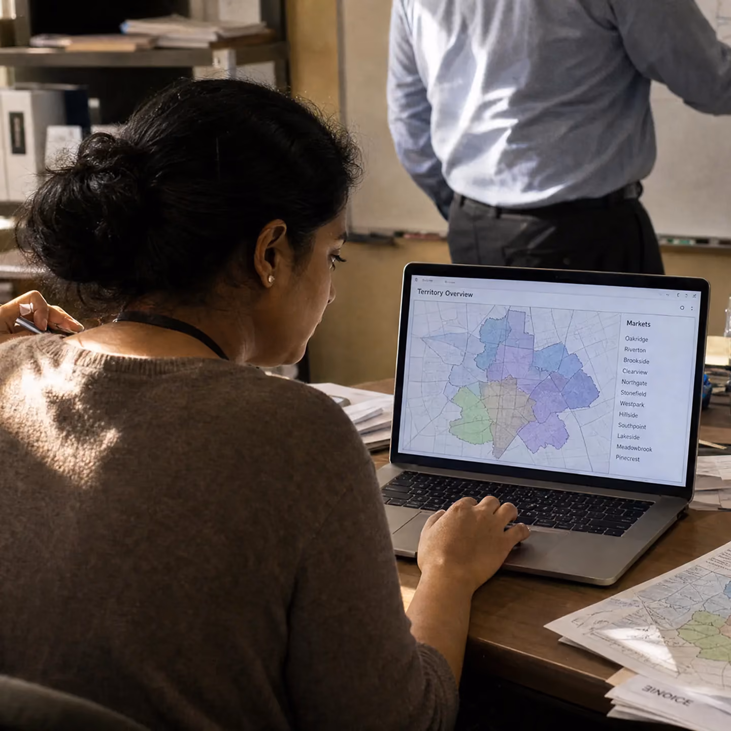 Person sitting at a desk using a laptop displaying a territory overview map with labeled market areas, with papers and another map on the desk, and a standing person in the background writing on a whiteboard.