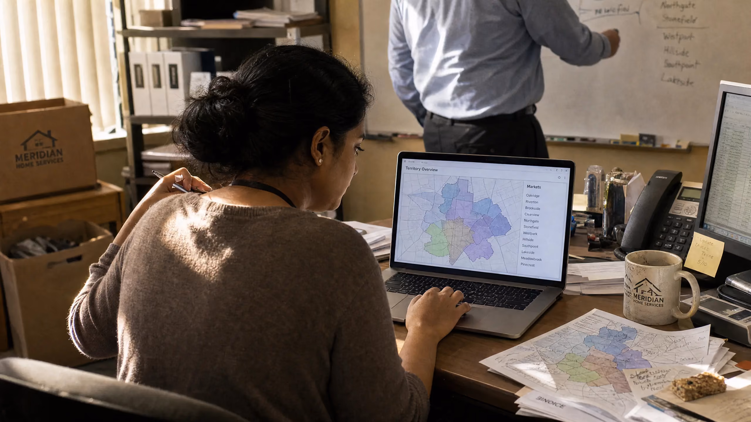 A woman working on a laptop showing a colorful district overview map, with matching printed maps, a coffee mug, and office supplies on the desk; a man writes on a whiteboard in the background.