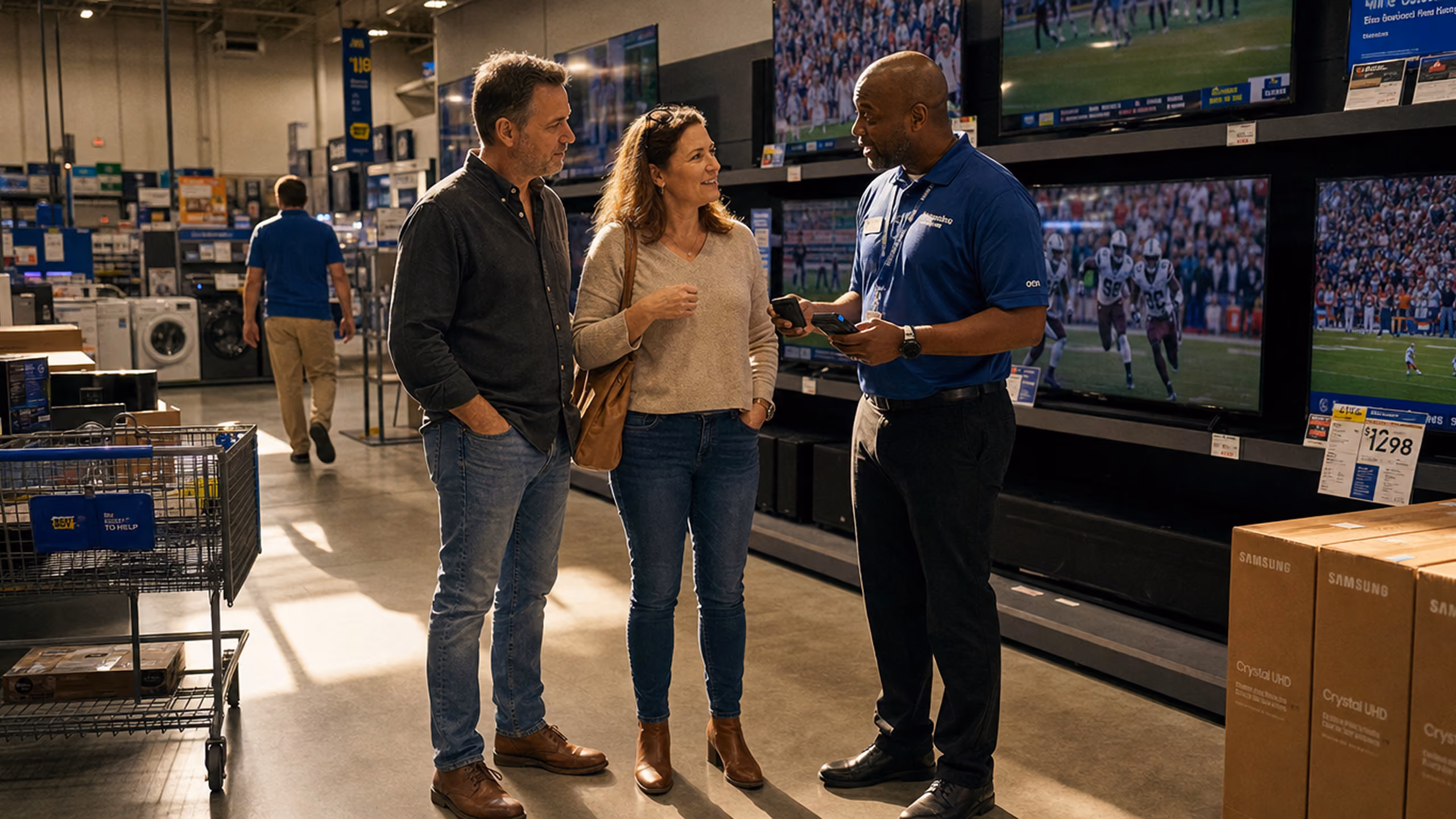 A retail store employee in a blue shirt talking to a man and woman in casual clothes near large TV displays showing a football game.