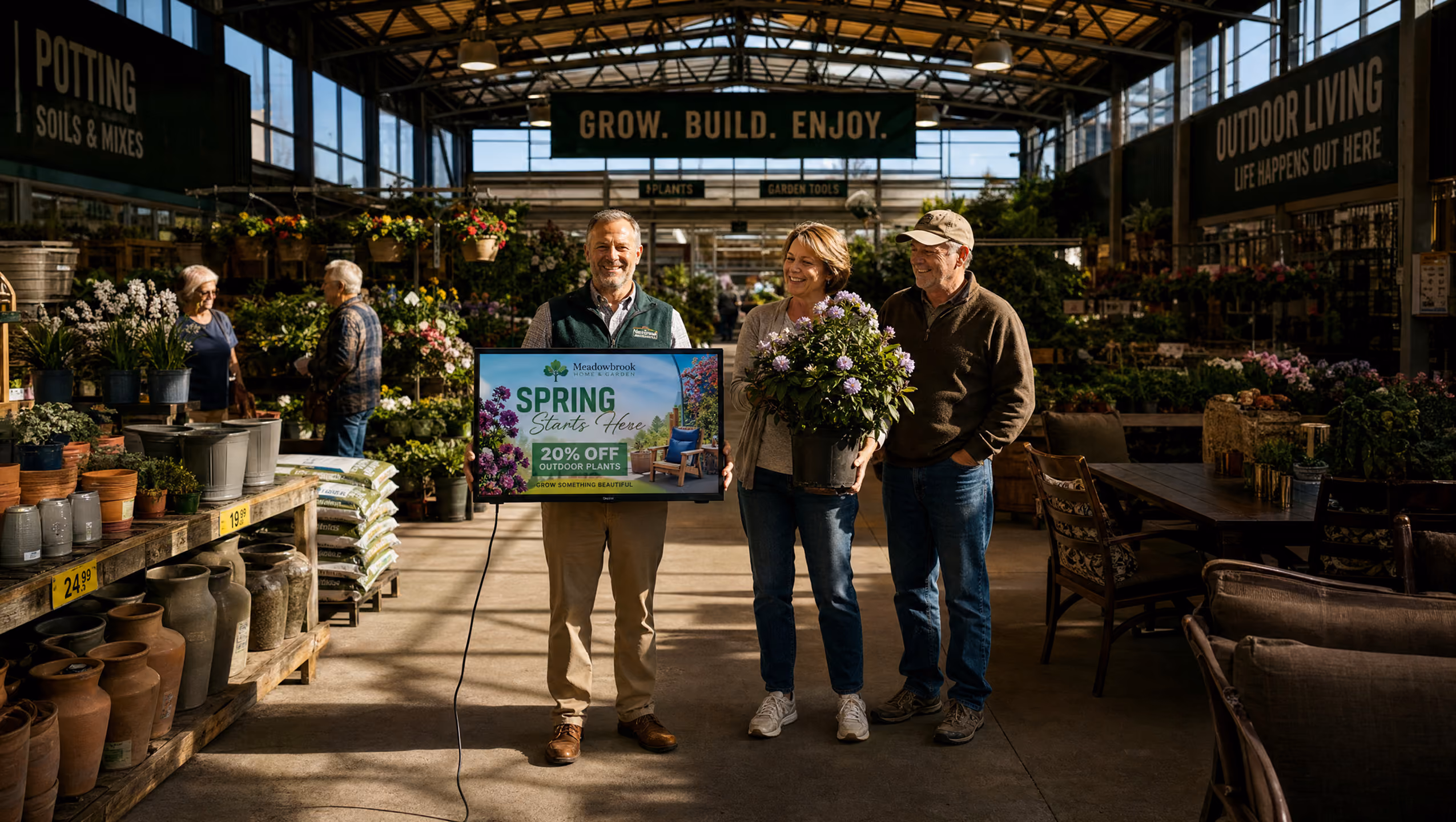 Three people standing inside a garden center with shelves of plants, pots, and soil. One man holds a sign that reads 'Spring Starts Here, 20% Off Outdoor Plants.' A woman holds a potted flowering plant, and another man stands beside her. Signs overhead say 'POTTING SOILS & MIXES,' 'GROW. BUILD. ENJOY.,' and 'OUTDOOR LIVING LIFE HAPPENS OUT HERE.'