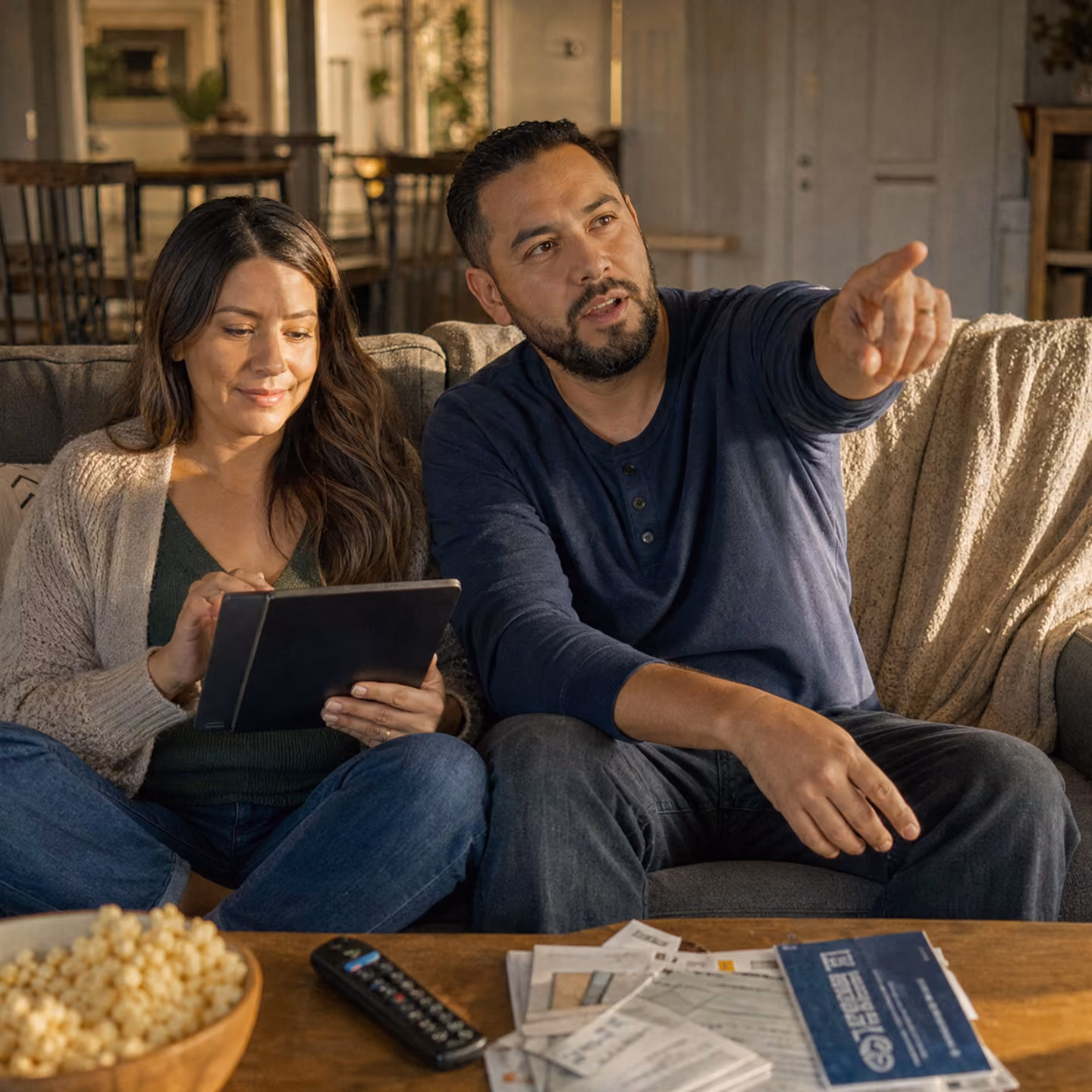A man and woman sitting closely on a sofa; the woman uses a tablet while the man points forward, with papers and a TV remote on the table in front of them.