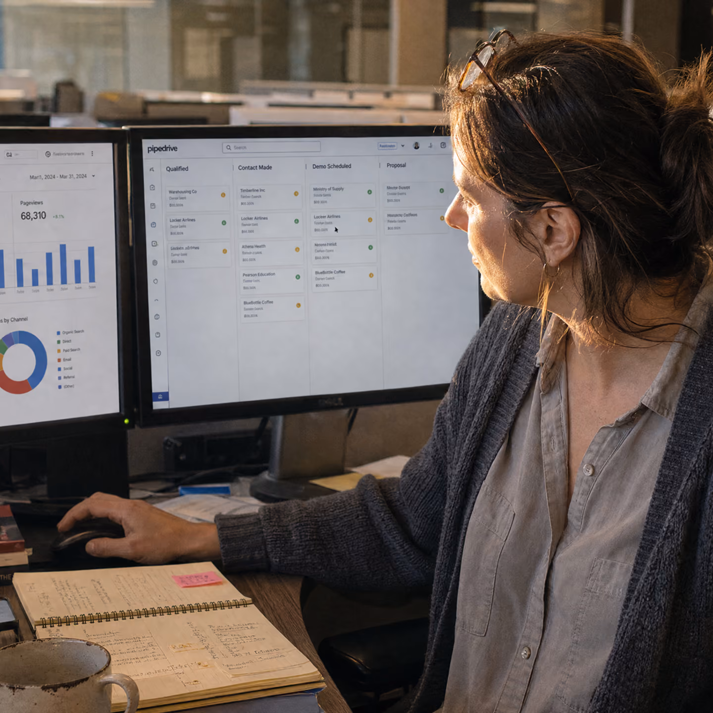 A woman working at a desk with two computer monitors showing charts and a sales pipeline dashboard, and an open notebook in front of her.