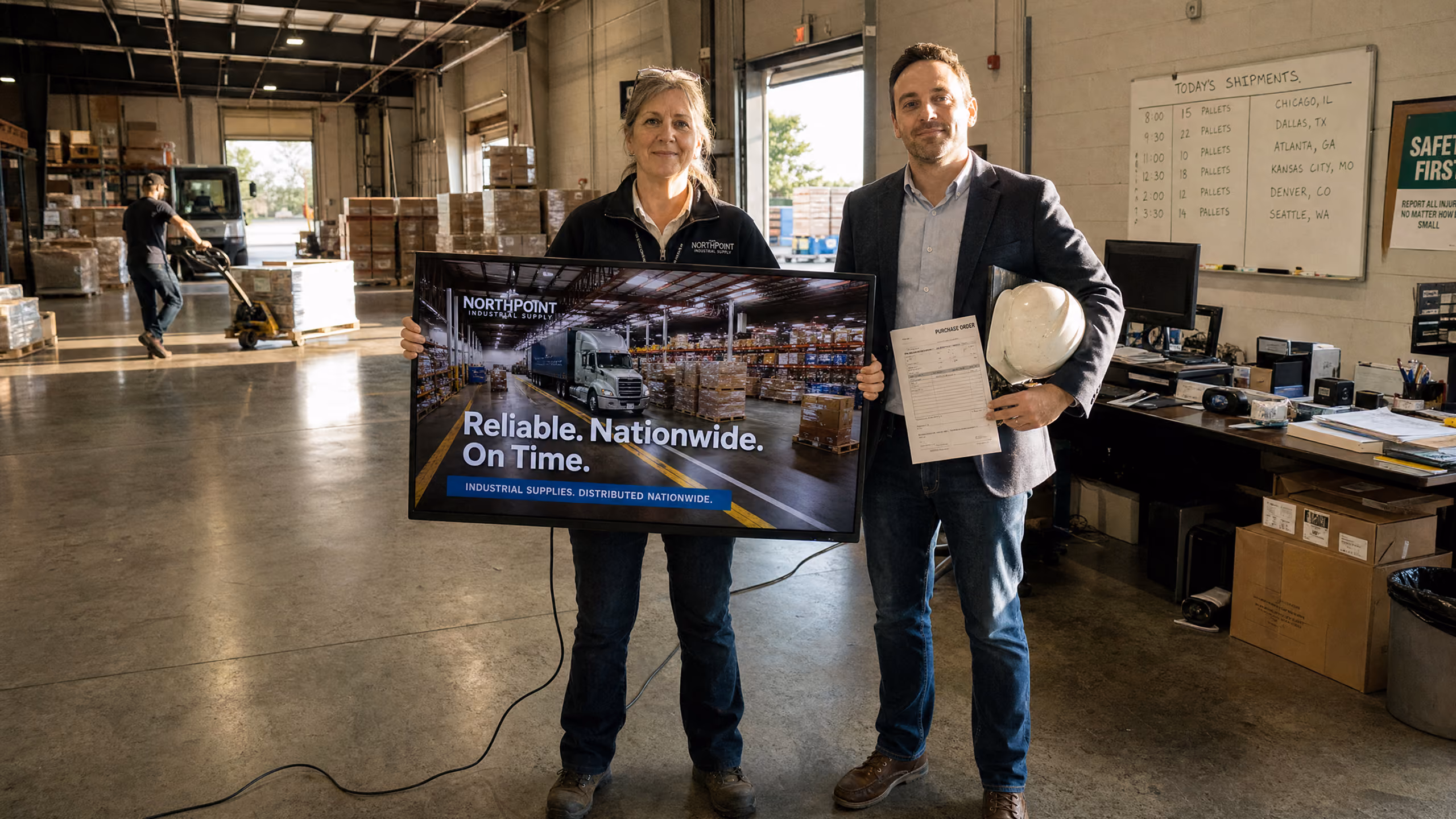 Two warehouse workers stand inside a storage facility; the woman holds a sign that reads 'Reliable. Nationwide. On Time. Industrial supplies distributed nationwide,' while the man holds a white hard hat and a document. In the background, another worker moves pallets.