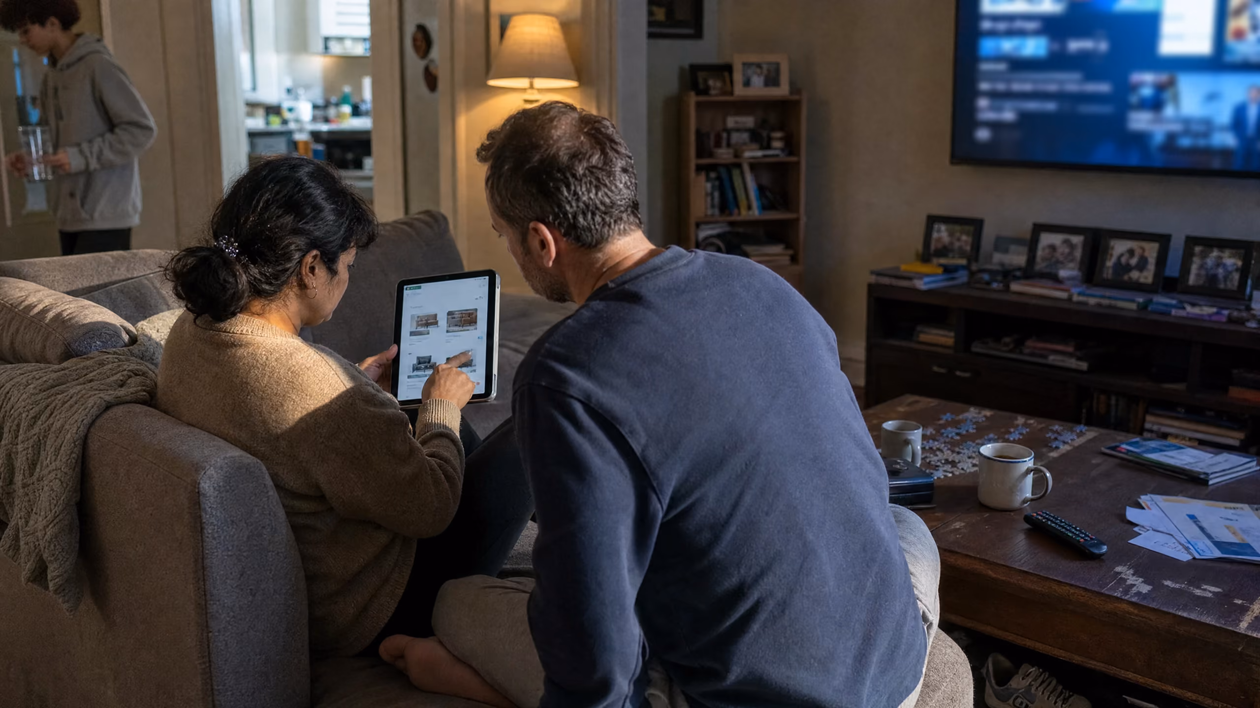 A man and a woman sitting on a couch in a living room looking at a tablet together, with a third person in the background near the kitchen.