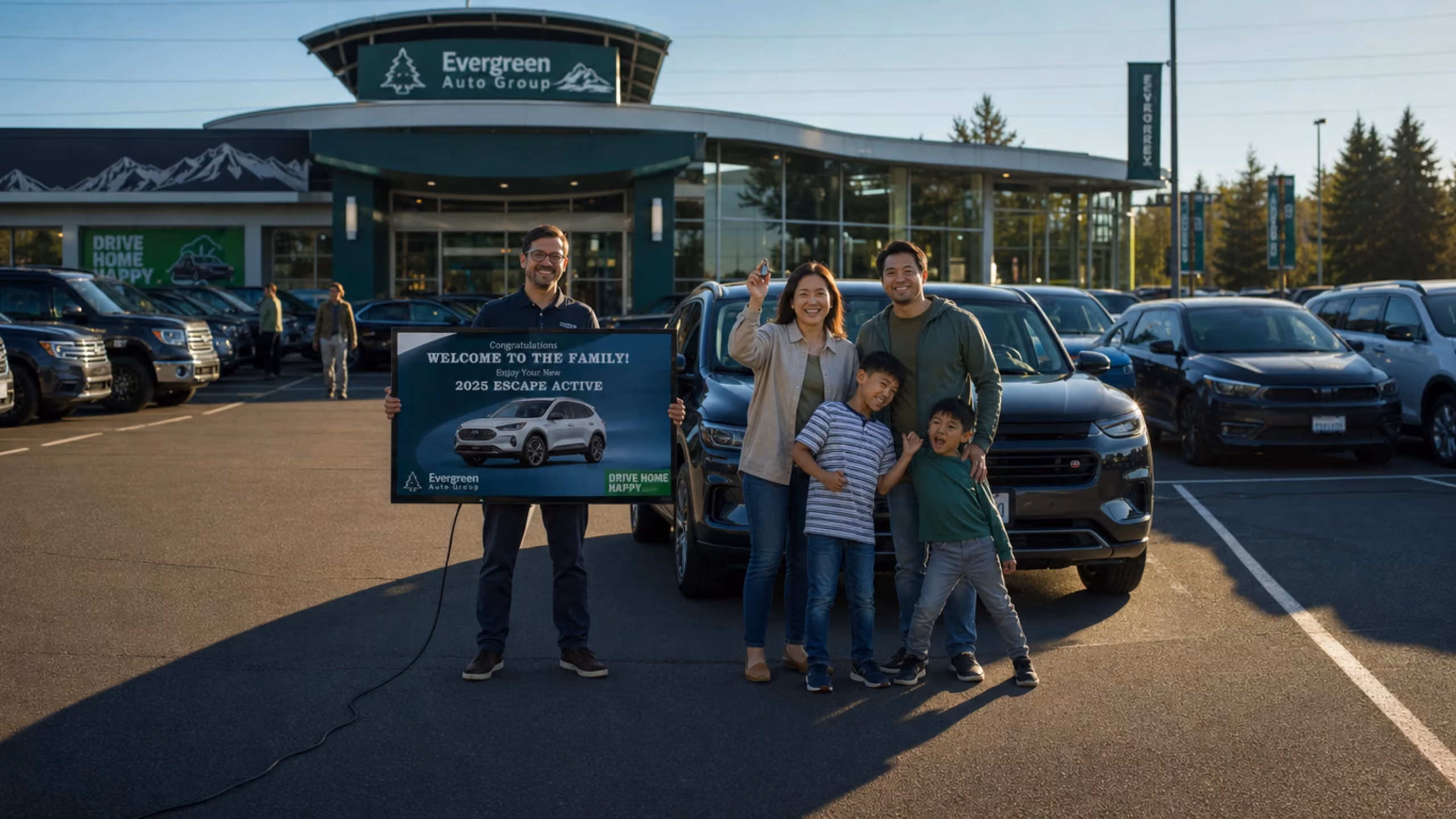 A smiling family of four stands in front of a dark SUV at a car dealership parking lot, posing with a man who holds a large sign welcoming them to their new 2023 Escape Active vehicle from Evergreen Auto Group.