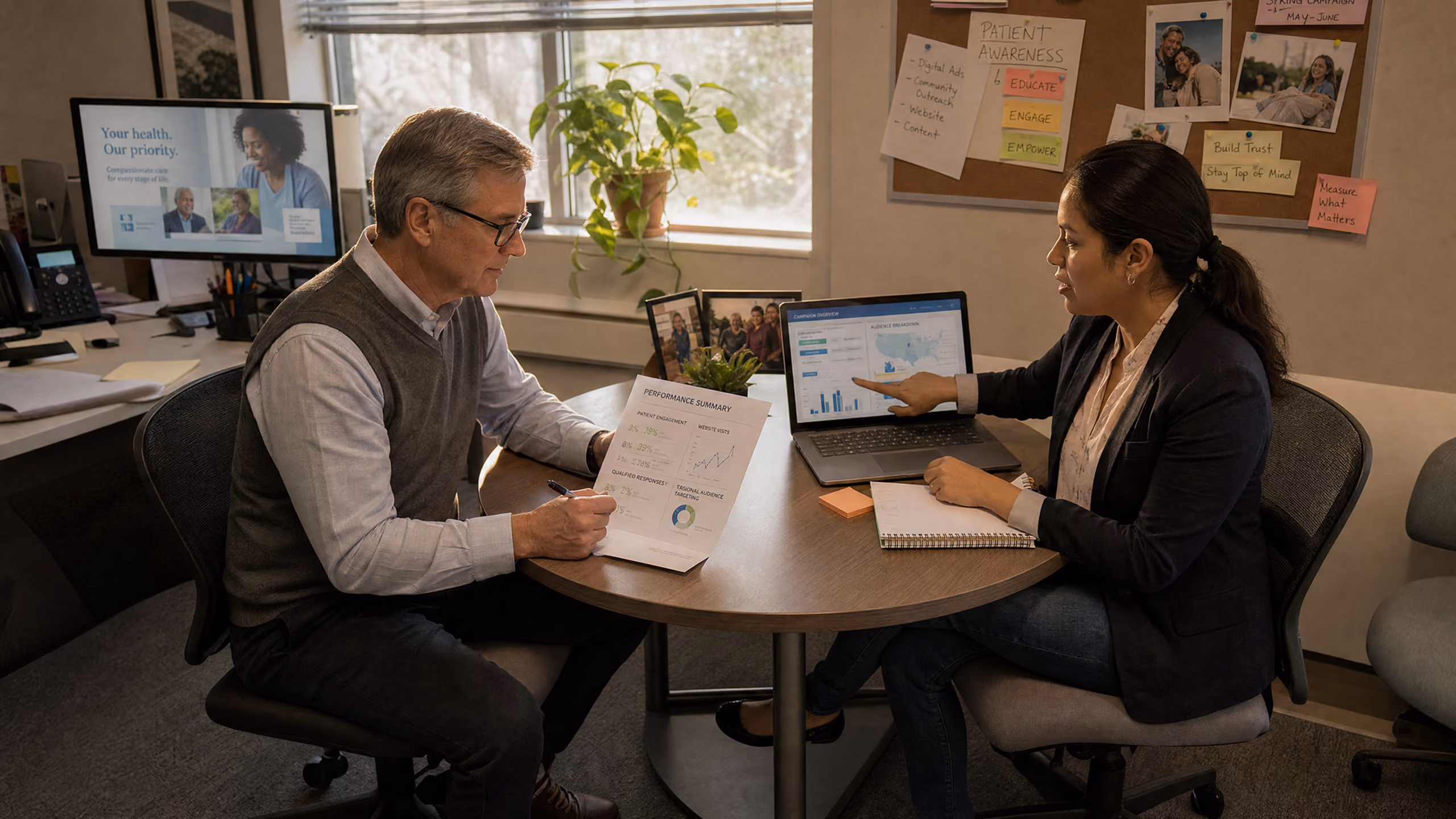 A man and woman seated at a round table in an office discussing a performance summary document and a laptop screen showing charts and graphs.
