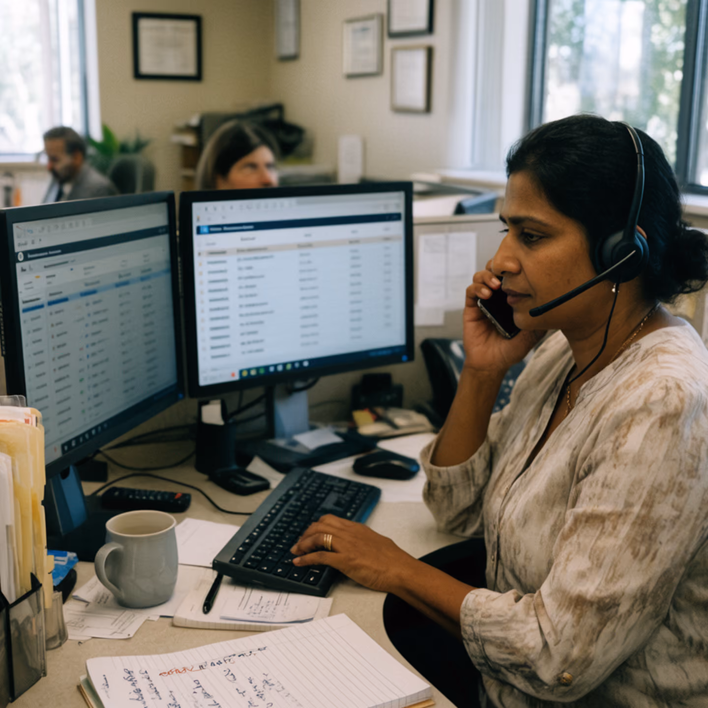 A woman wearing a headset is working at a desk with two computer monitors displaying spreadsheet-like data, while talking on a phone in an office setting.