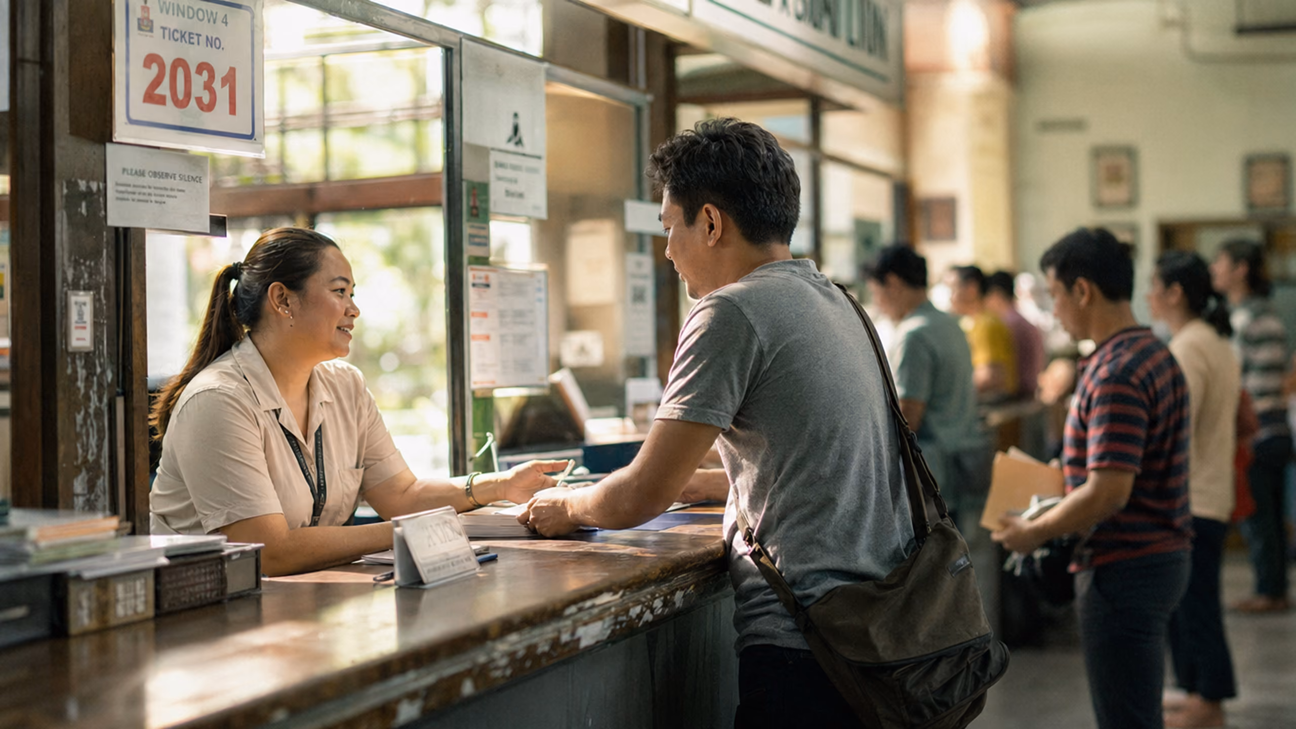 A woman assisting a man across a counter in a public service office with a queue of people waiting in line.
