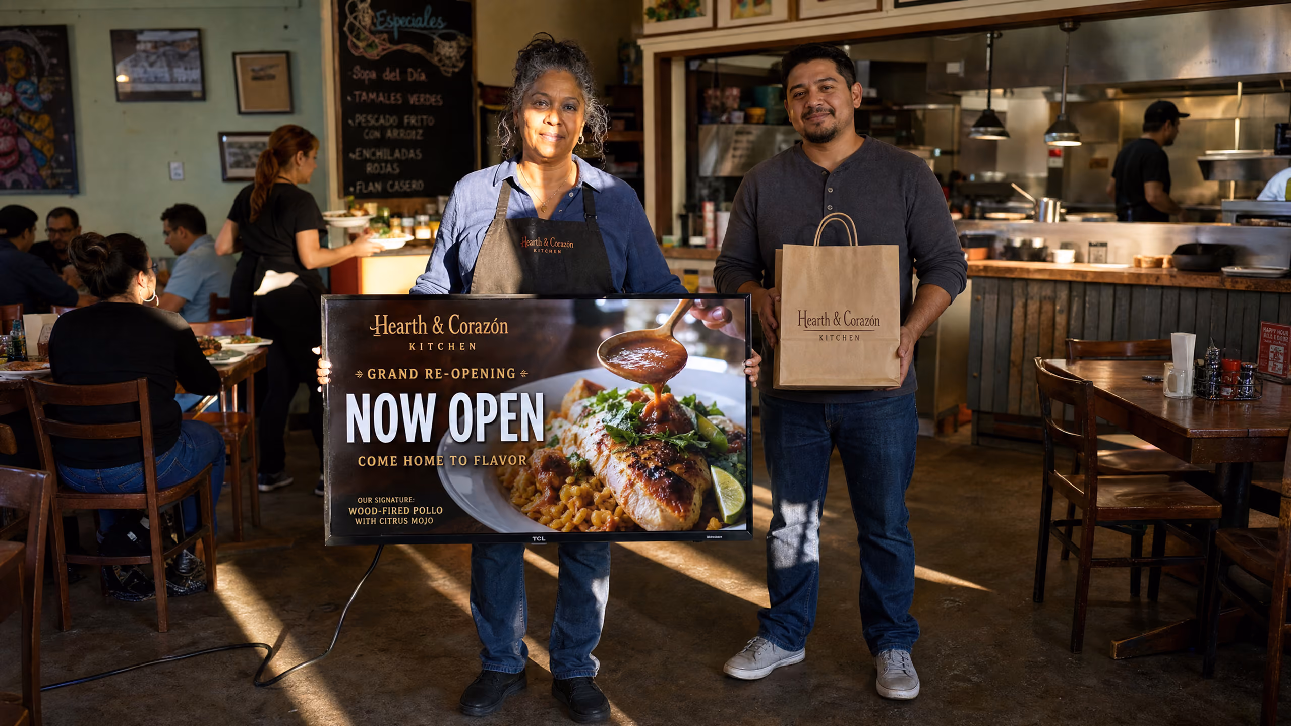 Two people standing inside a restaurant; one holding a sign announcing the grand re-opening of Hearth & Corazón Kitchen with an image of a wood-fired chicken dish and the text 'NOW OPEN, COME HOME TO FLAVOR,' the other holding a Hearth & Corazón Kitchen takeout bag.