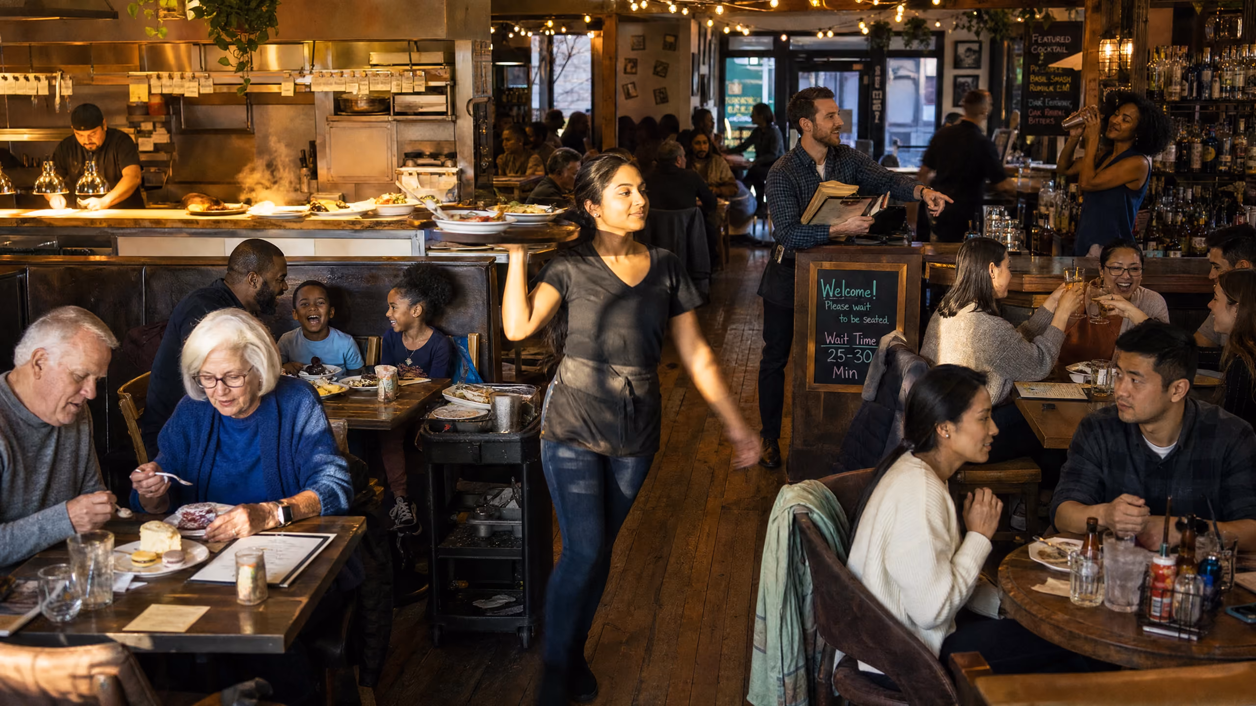 Busy restaurant interior with a waitress carrying plates, chefs cooking in an open kitchen, and diverse diners enjoying meals and conversations at wooden tables.