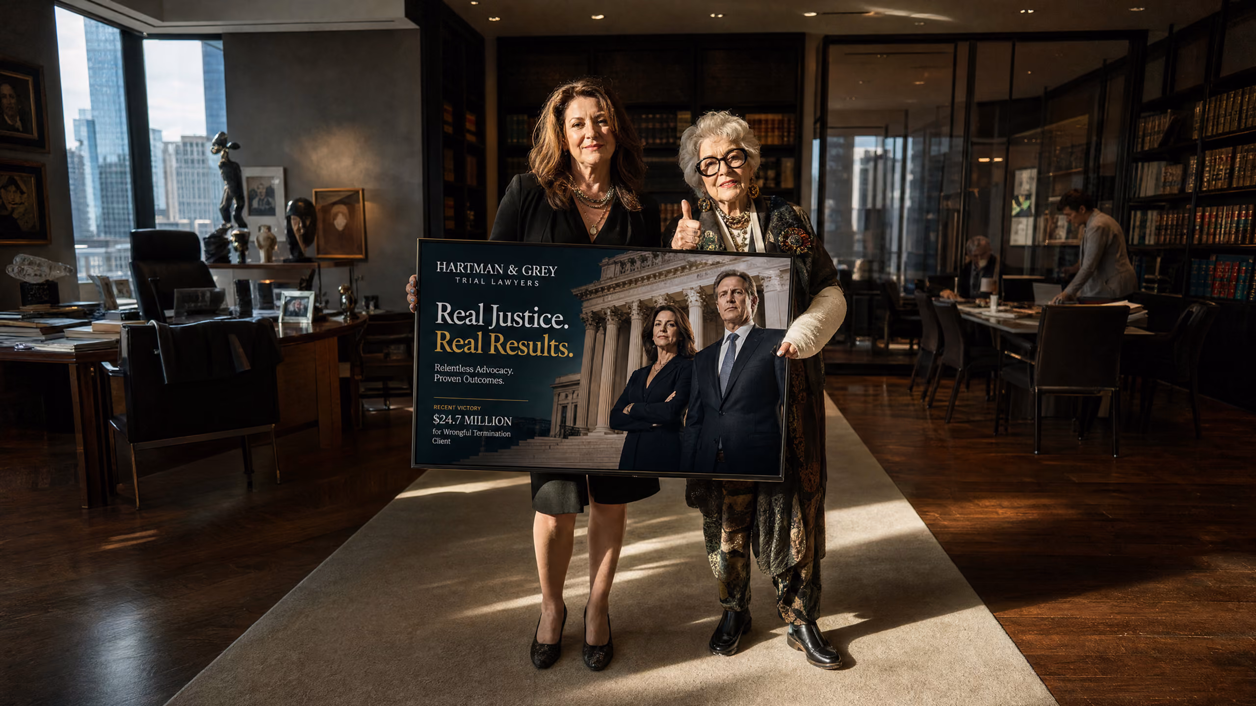 Two women standing in an office holding a large sign that reads, 'Hartman & Grey Trial Lawyers: Real Justice. Real Results. Relentless Advocacy, Proven Outcomes. Recent Verdict: $24.7 Million for Wrongful Termination Client.' The office has wooden floors, bookshelves, and large windows showing a cityscape.