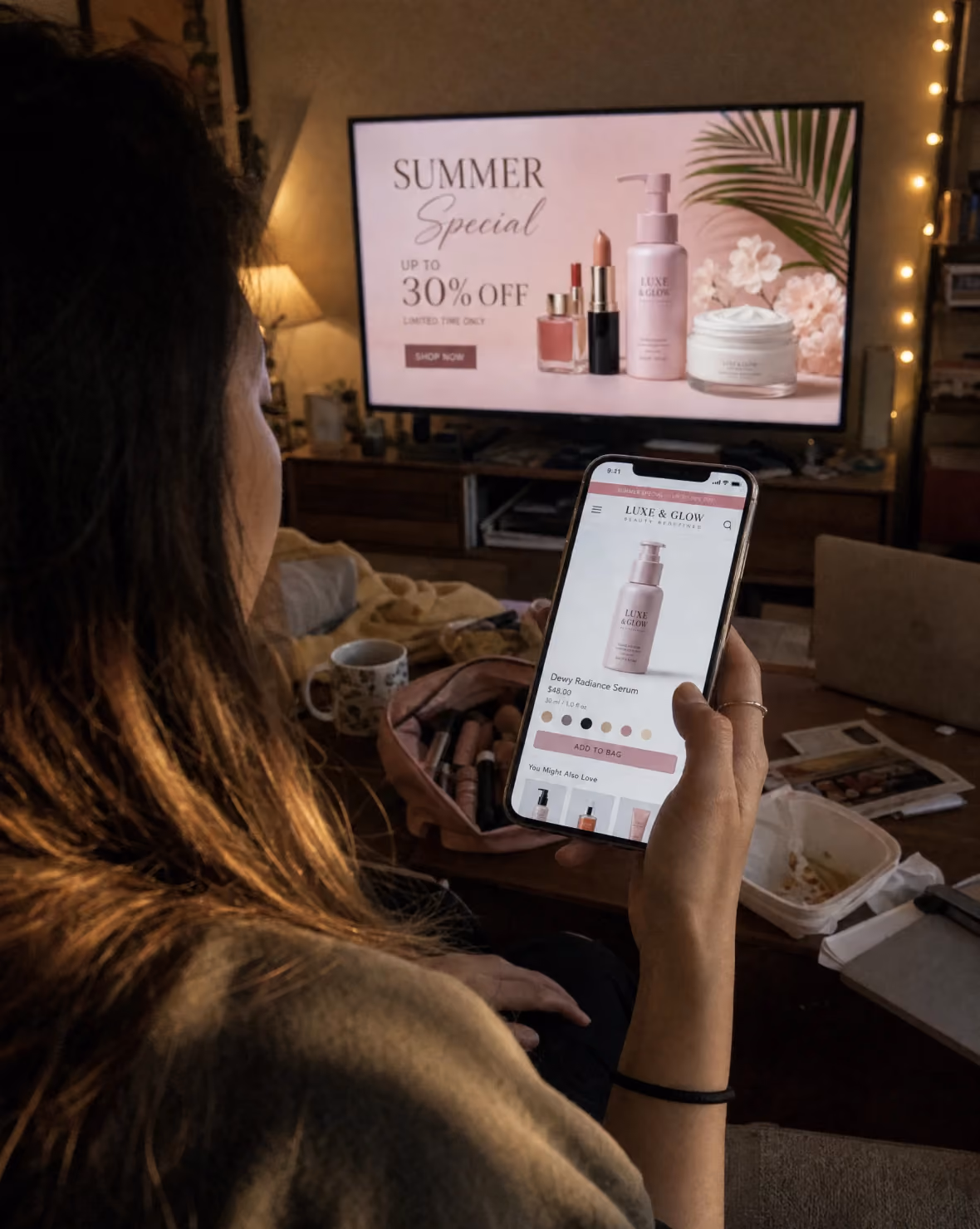 Person holding a smartphone displaying a skincare serum product page from Luxe & Glow, with a TV screen in the background showing a summer sale advertisement for up to 30% off on beauty products including lipstick, nail polish, serum, and cream, in a cozy living room setting.