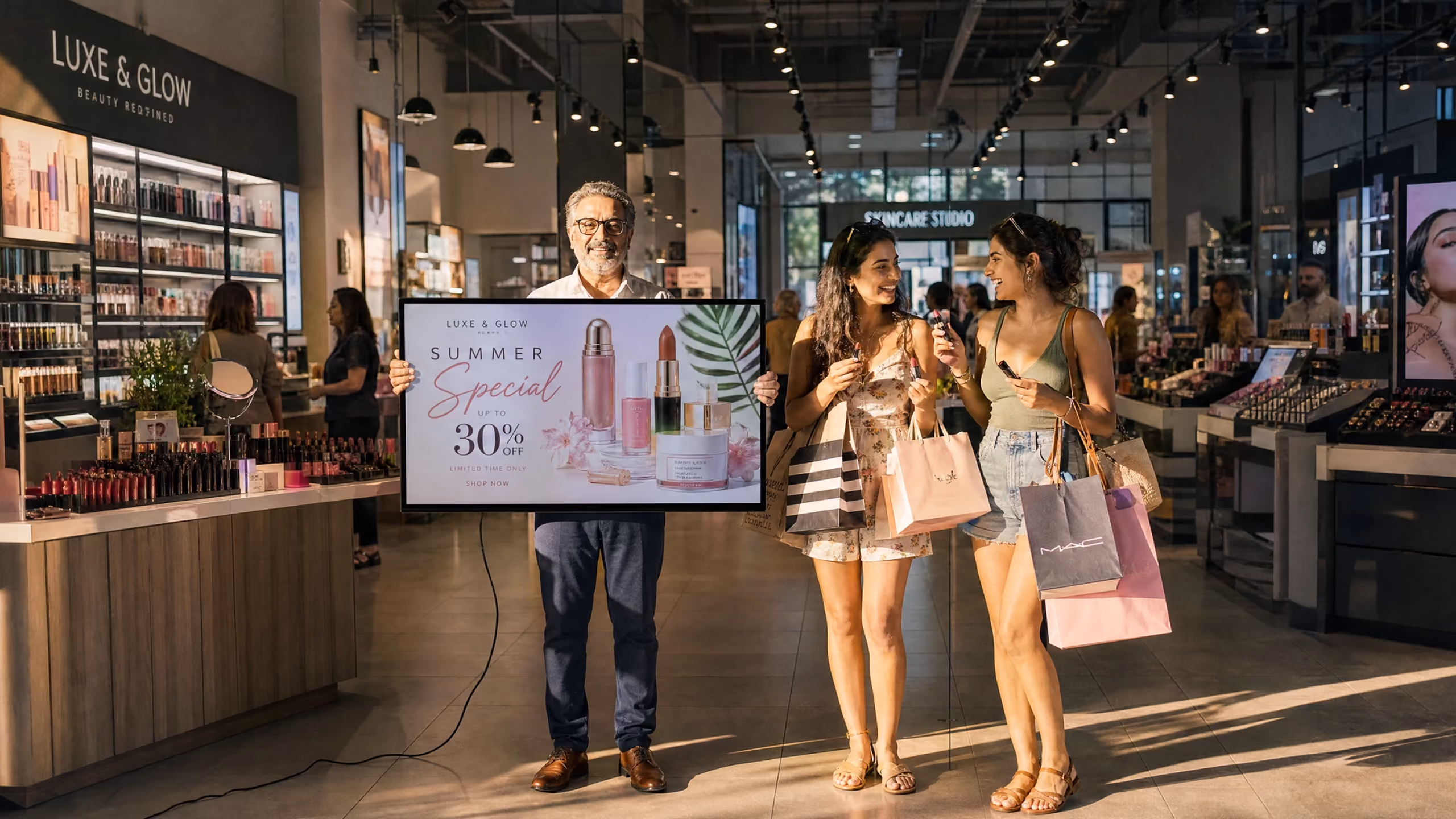 Man holding a digital sign inside a beauty products store displaying a summer special offer of up to 30% off, while two women carrying shopping bags walk by smiling and chatting.