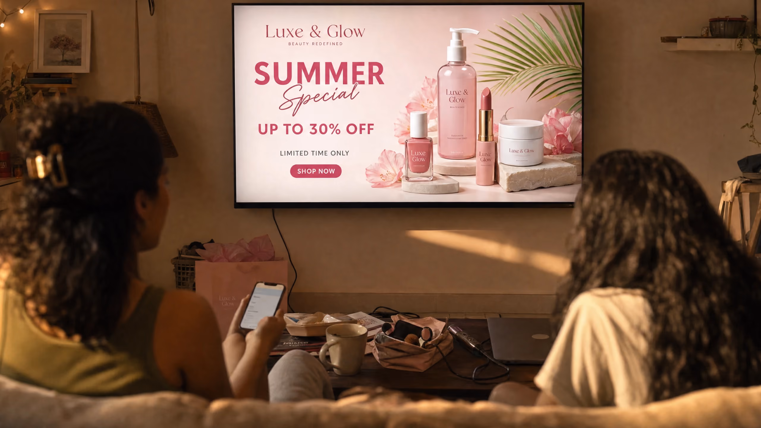 Two women sitting on a couch facing a TV screen displaying a Luxe & Glow Summer Special offer with up to 30% off on beauty products including lotion, lipstick, cream, and perfume, alongside decorative flowers and a palm leaf.