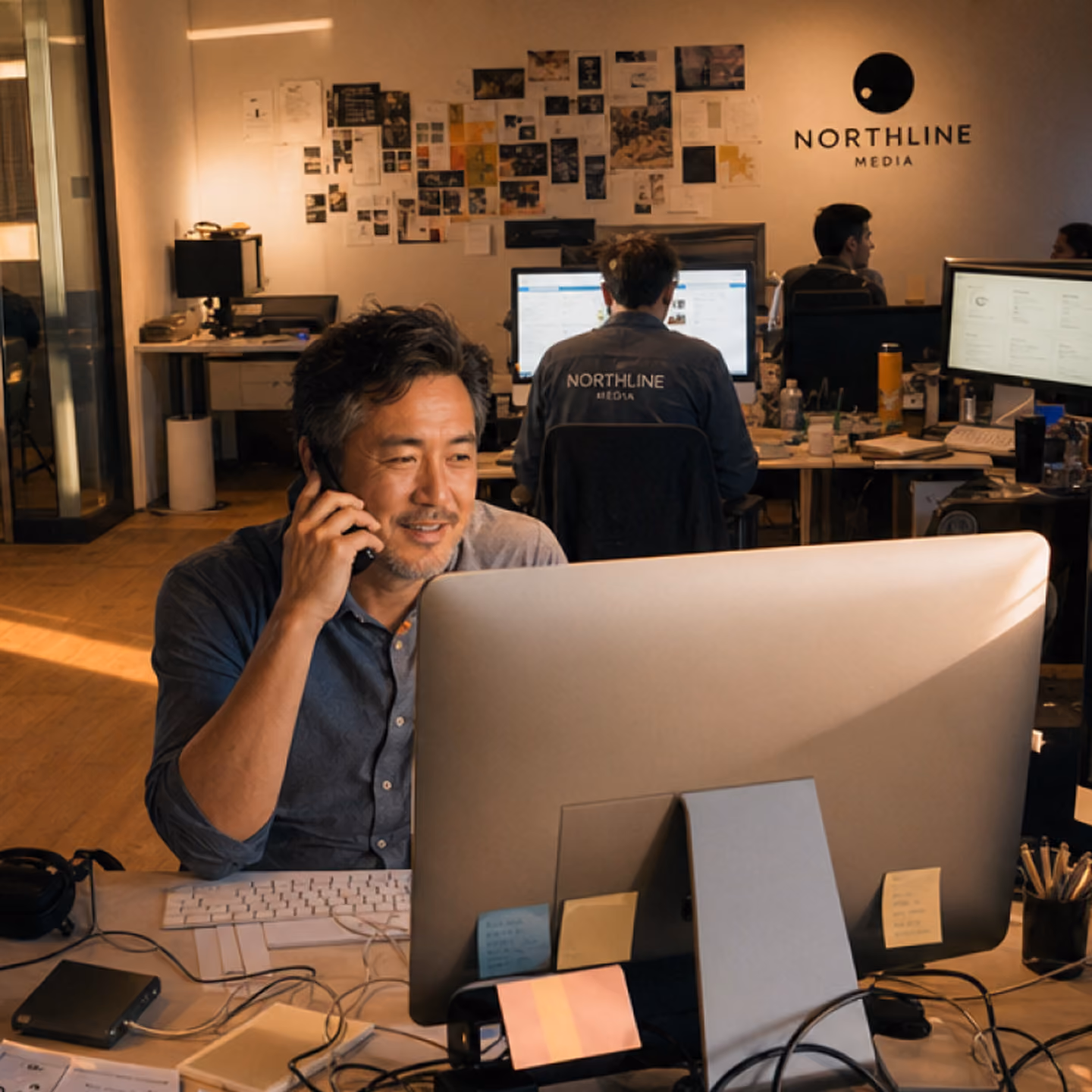 Man with dark hair and beard sits at desk in an office, talking on phone and looking at large computer monitor, with other people working at computers in background and Northline Media logo on the wall.