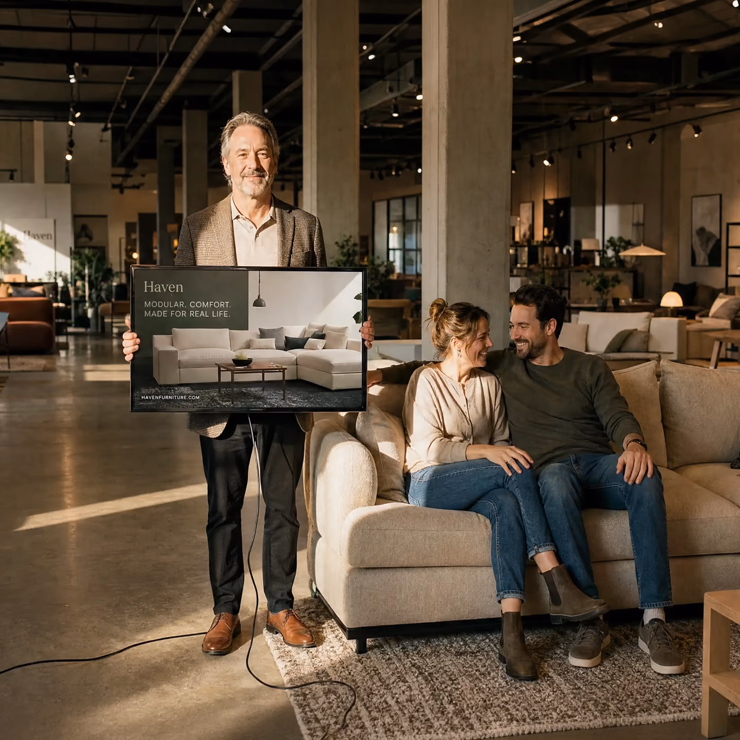 Man standing in a furniture showroom holding a sign that reads 'Haven Modular Comfort. Made for Real Life.' Next to him, a smiling couple sits on a beige sofa, looking at each other in a cozy living room setting.