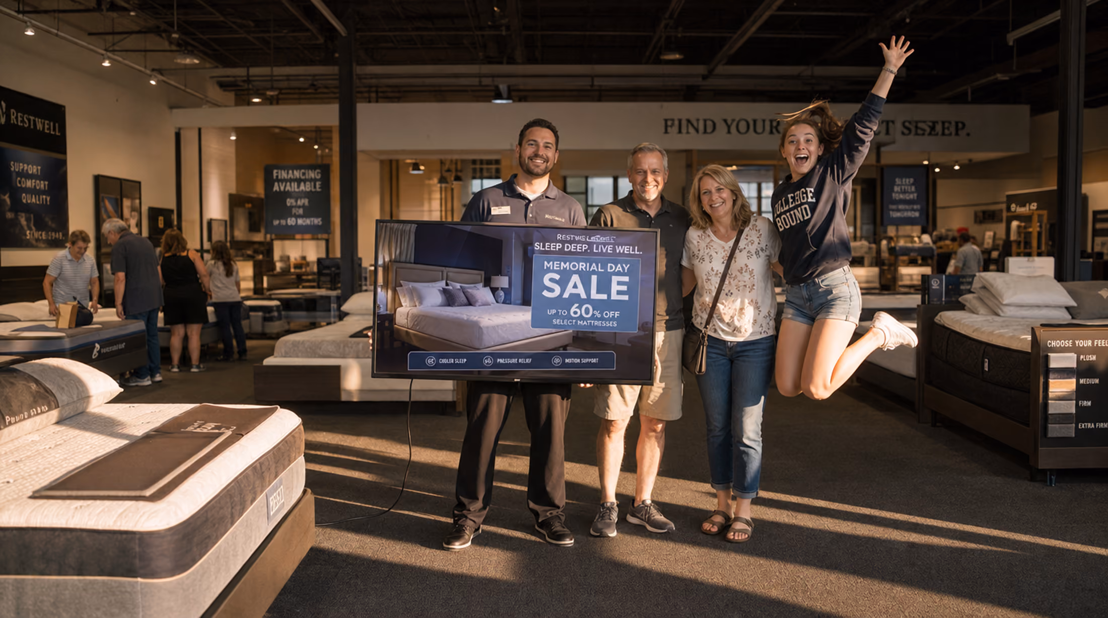 Four people in a mattress store: a man holding a sign advertising a Memorial Day sale with up to 60% off select mattress sets, a middle-aged couple smiling, and a young woman jumping excitedly.