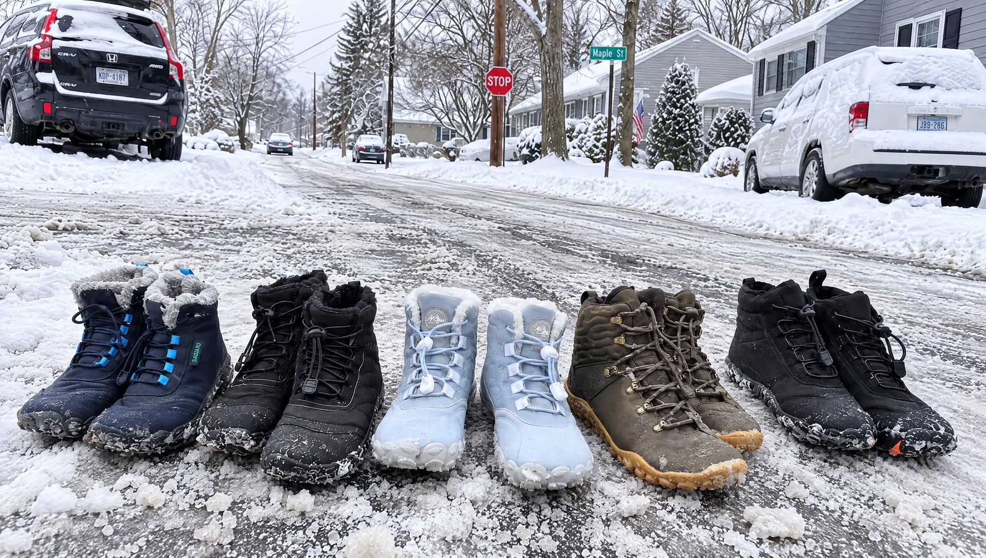 Five winter barefoot shoes lined up on a snowy, slushy street after a test walk