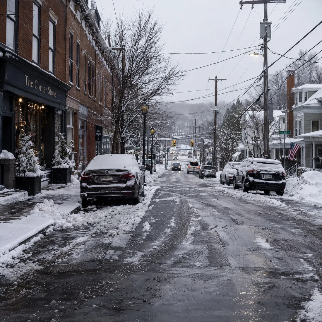 Icy, slush-covered town street in winter