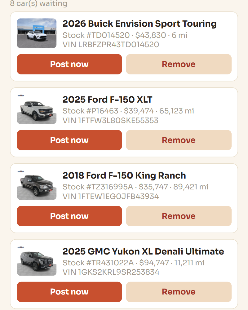 Listr's posting queue, with no cap on how many cars are in it
