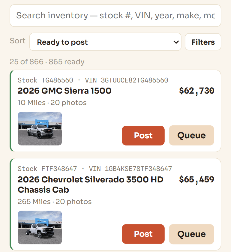 Listr's inventory list, each car showing stock number, VIN, price, mileage and photo count with Post and Queue buttons