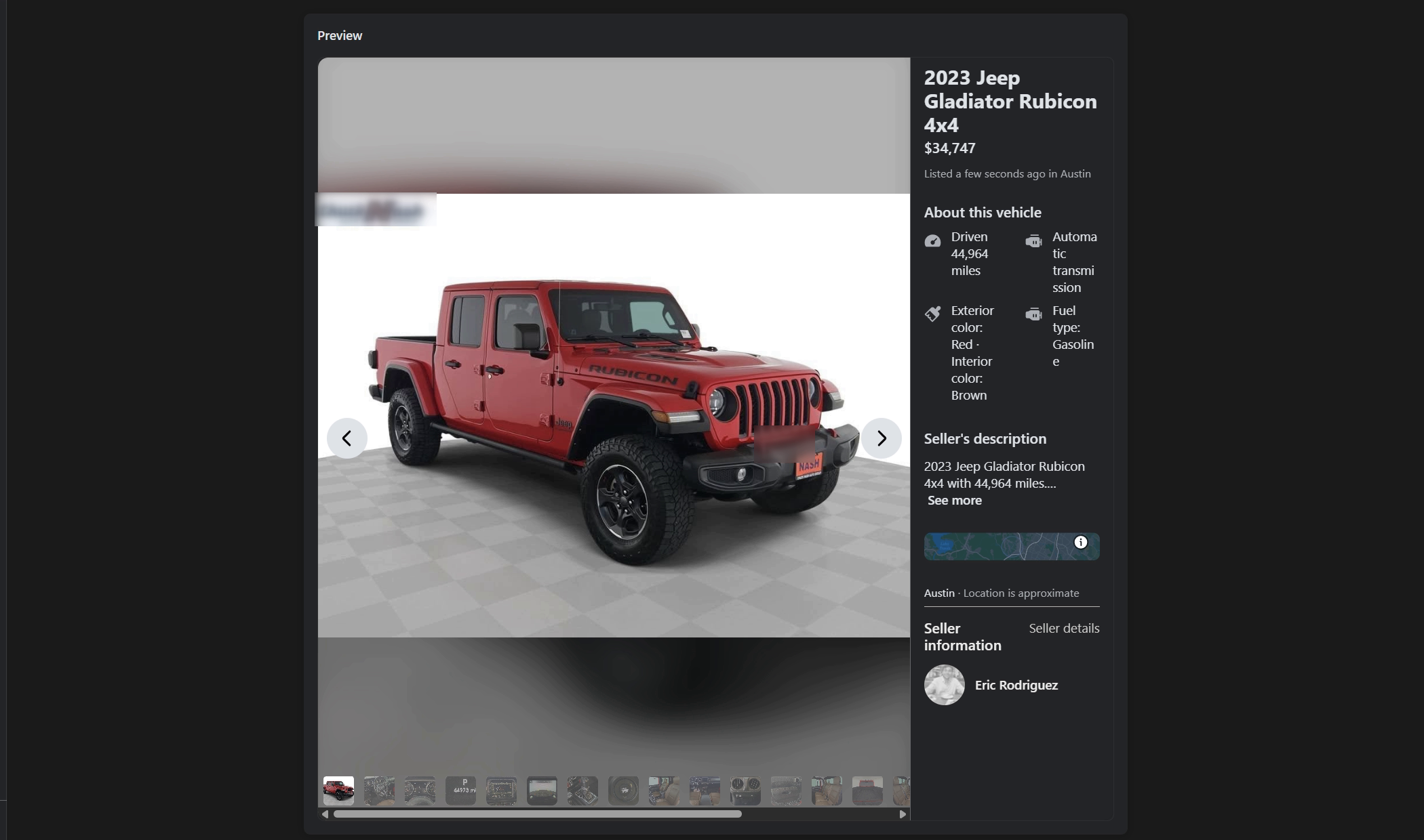 A Facebook Marketplace vehicle listing filled in and ready to publish, with the full photo set attached