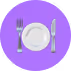 White plate with a fork on the left and knife on the right on a purple circular background.