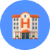 Icon of a multi-story building with a red roof and orange accents.