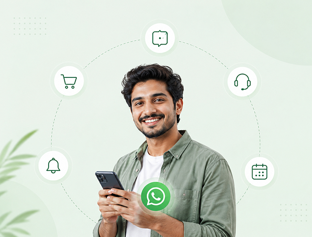 Smiling man holding phone surrounded by icons for chat, headset, calendar, bell, and shopping cart.