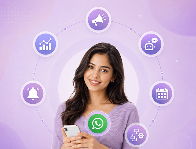 Smiling woman holding phone with WhatsApp icon surrounded by marketing and automation icons on purple background.