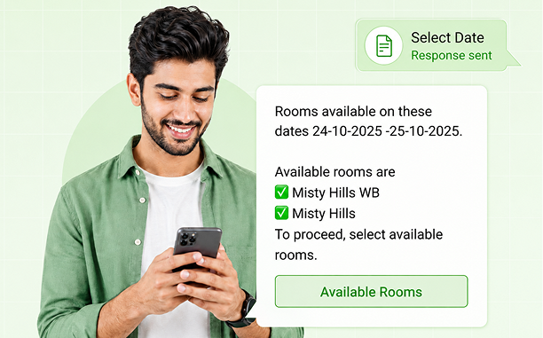 Man smiling and using phone with a chat showing available hotel rooms for specific dates and a button.