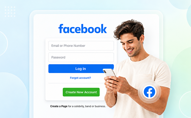 Smiling man holding phone beside Facebook login screen with email, password, and create account button.