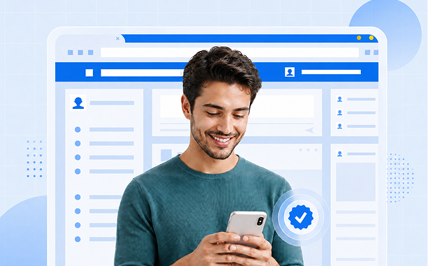 Smiling man in green shirt looking at his smartphone with a blue verification badge icon nearby.