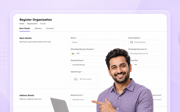 Man in purple shirt smiling and pointing to an online form titled Register Organization with fields for details.