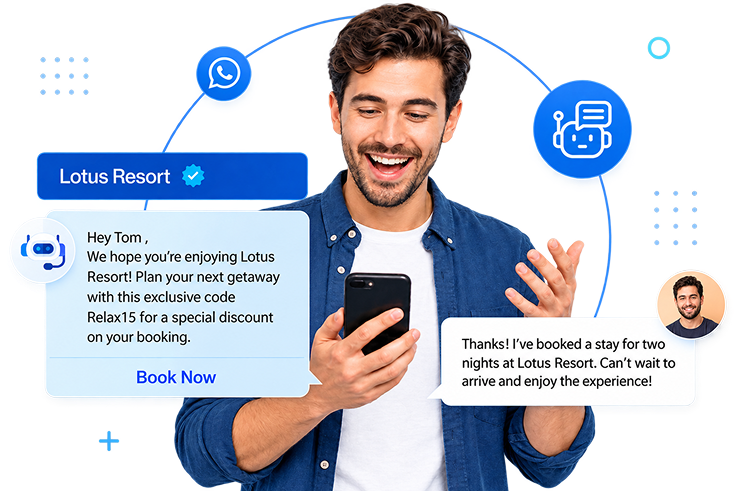 Man happily using phone with messages about booking a stay at Lotus Resort and getting a discount code.