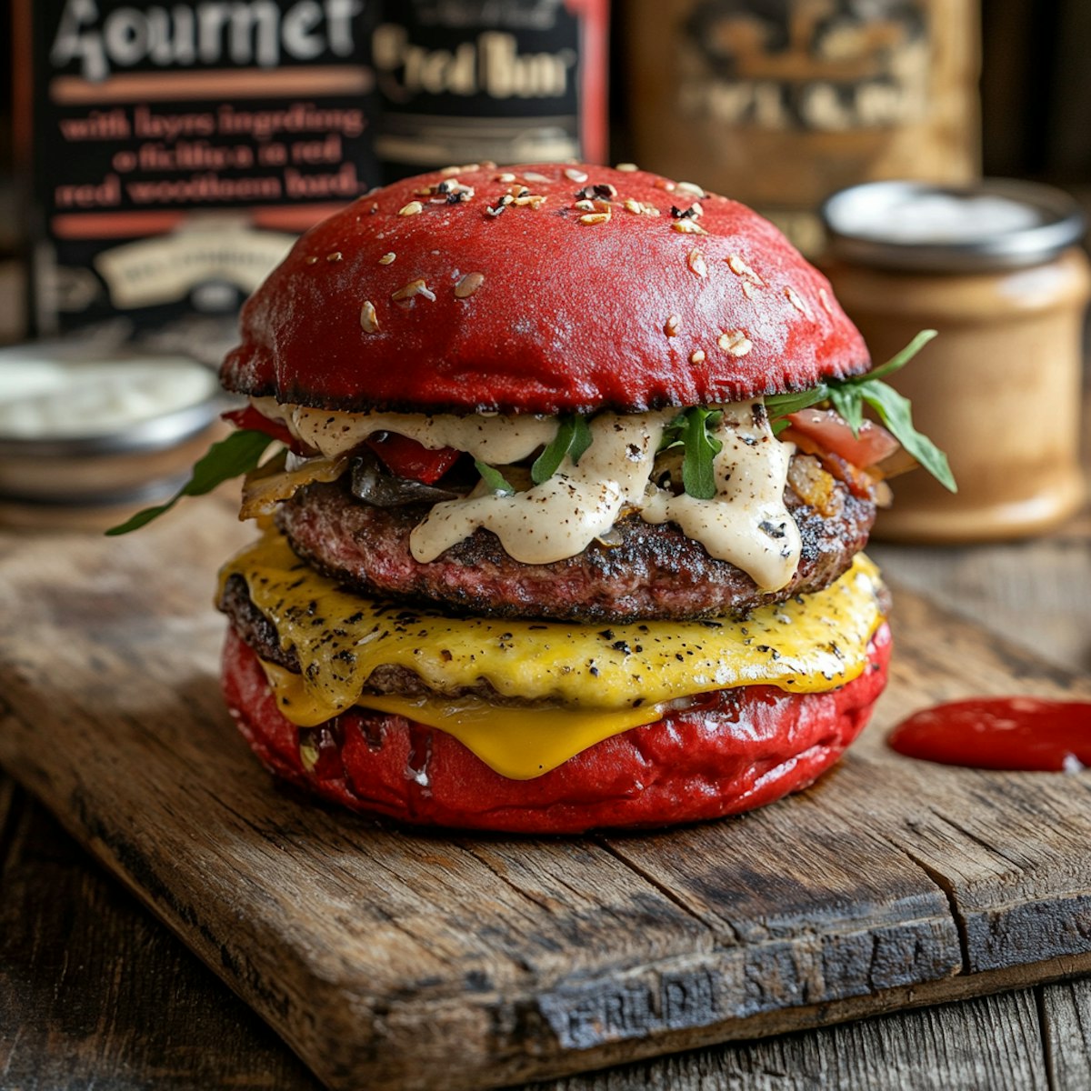 A cheeseburger on a wooden cutting board with ketchup.