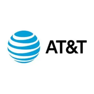 AT&T logo with blue globe consisting of horizontal curved lines and black text.