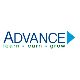 Advance logo with a blue arrow and the tagline learn, earn, grow in green text.