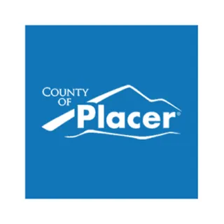 County of Placer logo with stylized mountain and river on blue background.
