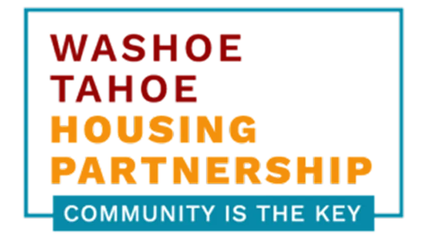 Logo for Washoe Tahoe Housing Partnership with tagline 'Community is the key' in a blue-bordered box.