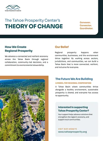 Infographic titled Tahoe Prosperity Center’s Theory of Change with text on regional prosperity and a Tahoe aerial photo.