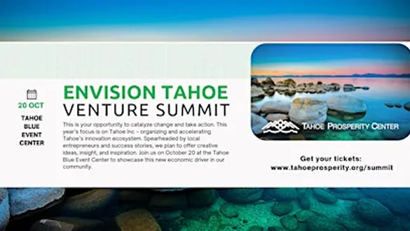Banner for Envision Tahoe Venture Summit at Tahoe Blue Event Center with lake and rock image and event details.